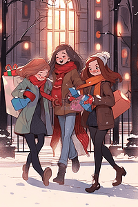 街海报插画图片_新年冬天可爱女孩街边插画购物手绘