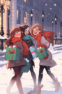 街边招牌插画图片_冬天新年可爱女孩街边购物手绘插画