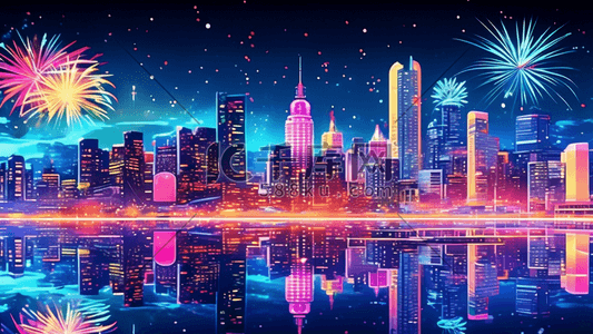 新年城市焰火霓虹灯夜景中国插画海报