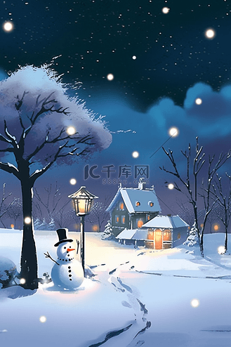 夜晚雪景冬天唯美插画海报