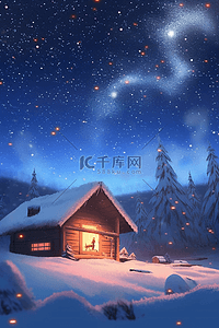 小飘雪插画图片_夜晚星空雪景木屋冬天插画海报