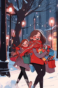 新年可爱女孩街边购物手绘冬天插画
