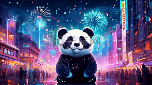 新年霓虹灯城市大熊猫焰火插画