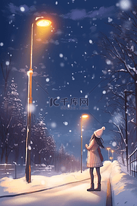 冬天雪花飘落插画图片_手绘插画冬天路灯下女孩赏雪