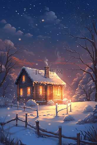 冬天雪景木屋插画手绘海报