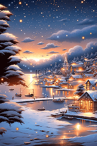 冬天插画湖泊唯美小镇雪景手绘