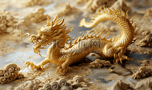 龙年金龙插画图片_3D立体龙年金龙