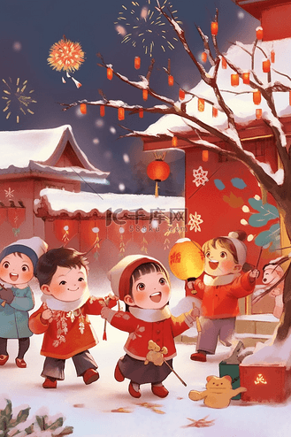 新年冬天玩耍孩子手绘迎新春插画