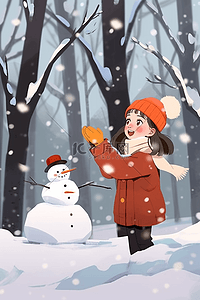 卡通海报橙色插画图片_冬天女孩堆雪人插画海报树林