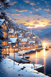 冬天湖泊唯美小镇雪景手绘插画