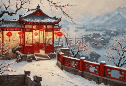 梅花装饰插画图片_新年梅花中式庭院灯笼装饰户外插画素材