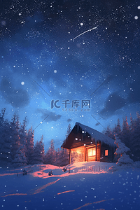 冬天夜晚星空木屋插画海报雪景