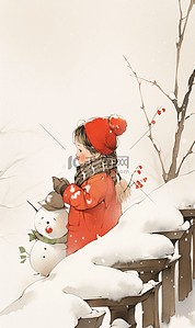 冬季冬天小女孩插画图片_新年雪地中堆雪人的小女孩