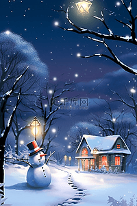 夜晚冬天雪景唯美插画海报