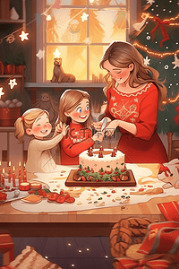 可爱的妈妈插画图片_新年室内手绘母女做蛋糕喜庆插画