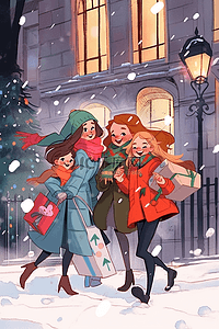 新年冬天可爱女孩街边购物手绘插画
