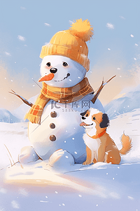 可爱手绘雪人插画图片_冬天手绘雪人宠物赏雪插画
