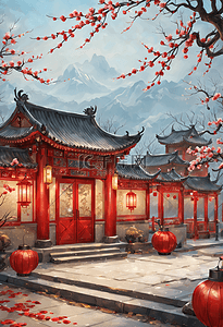新年梅花中式庭院灯笼装饰户外插画图片