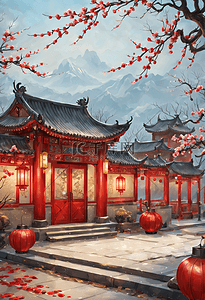 梅花装饰插画图片_新年梅花中式庭院灯笼装饰户外插画图片