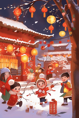 新年冬天手绘迎新春玩耍孩子插画