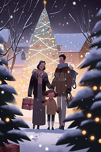 新年背景礼盒插画图片_新年冬天插画一家人送礼手绘