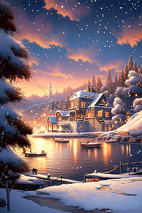 要要插画图片_插画冬天湖泊唯美小镇雪景手绘
