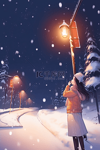 插画冬天路灯下女孩赏雪手绘