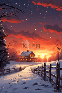 冬日手绘雪景夕阳插画海报