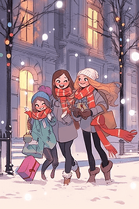 法国街边插画图片_新年手绘冬天可爱女孩街边购物插画