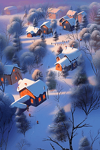 小镇冬天雪景夜晚插画海报