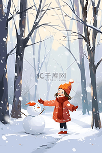 卡通海报橙色插画图片_冬天女孩插画堆雪人树林海报
