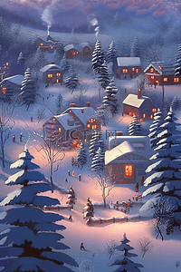 冬天夜晚的房子插画图片_冬天夜晚雪景小镇插画海报