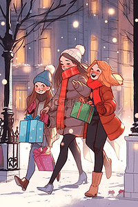 新年可爱女孩街边购物冬天手绘插画