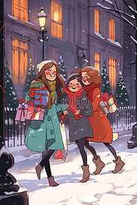 插画新年冬天可爱女孩街边购物手绘