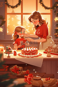 红色蛋糕插画图片_新年室内母女做蛋糕手绘喜庆插画