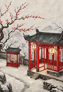 新年梅花中式庭院灯笼装饰户外插画海报