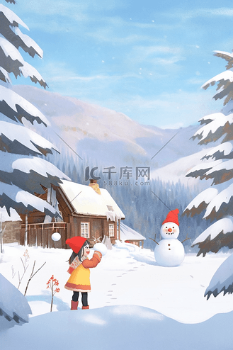 冬天女孩手绘插画堆雪人海报