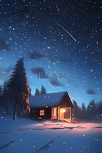 小飘雪插画图片_冬天夜晚星空木屋雪景插画海报