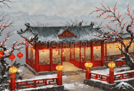 装饰梅花插画图片_新年梅花中式庭院灯笼装饰户外插图