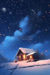 夜晚星空冬天雪景木屋插画海报
