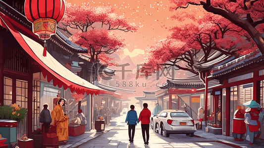 梅花装饰插画图片_新年梅花中式庭院灯笼装饰户外插图