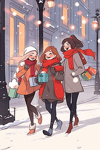 新年冬天可爱女孩购物街边购物手绘插画
