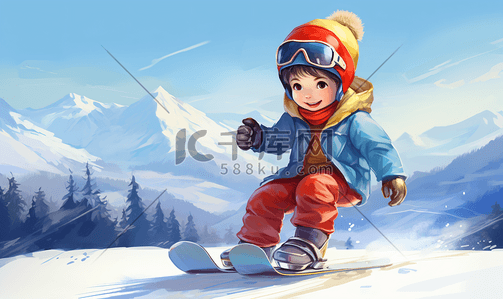 冬季冬天小女孩插画图片_小女孩在雪地中滑雪