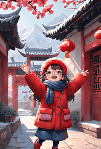 数字红色插画图片_中国女孩过年春节中式院子红色冬天户外插画素材