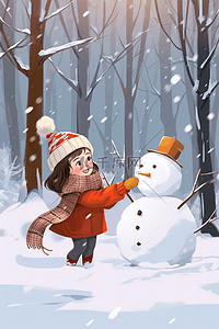 冬天女孩堆雪人树林海报插画