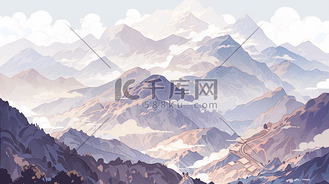 蓝色手绘水彩质感高山风景插画14