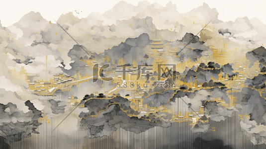 黑金中国风山水风景传统建筑插画2