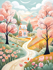 春天色彩鲜艳的村庄插画海报