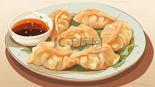 桌子上的一盘饺子插画