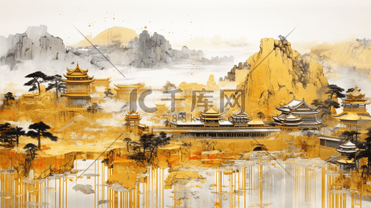 黑金中国风山水风景传统建筑插画16